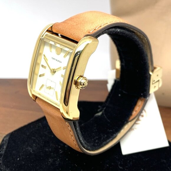 Tory Burch Women's Watch TBW1068 Tank Cream Dial Gold Quartz Brown Leather Band - Picture 2 of 14